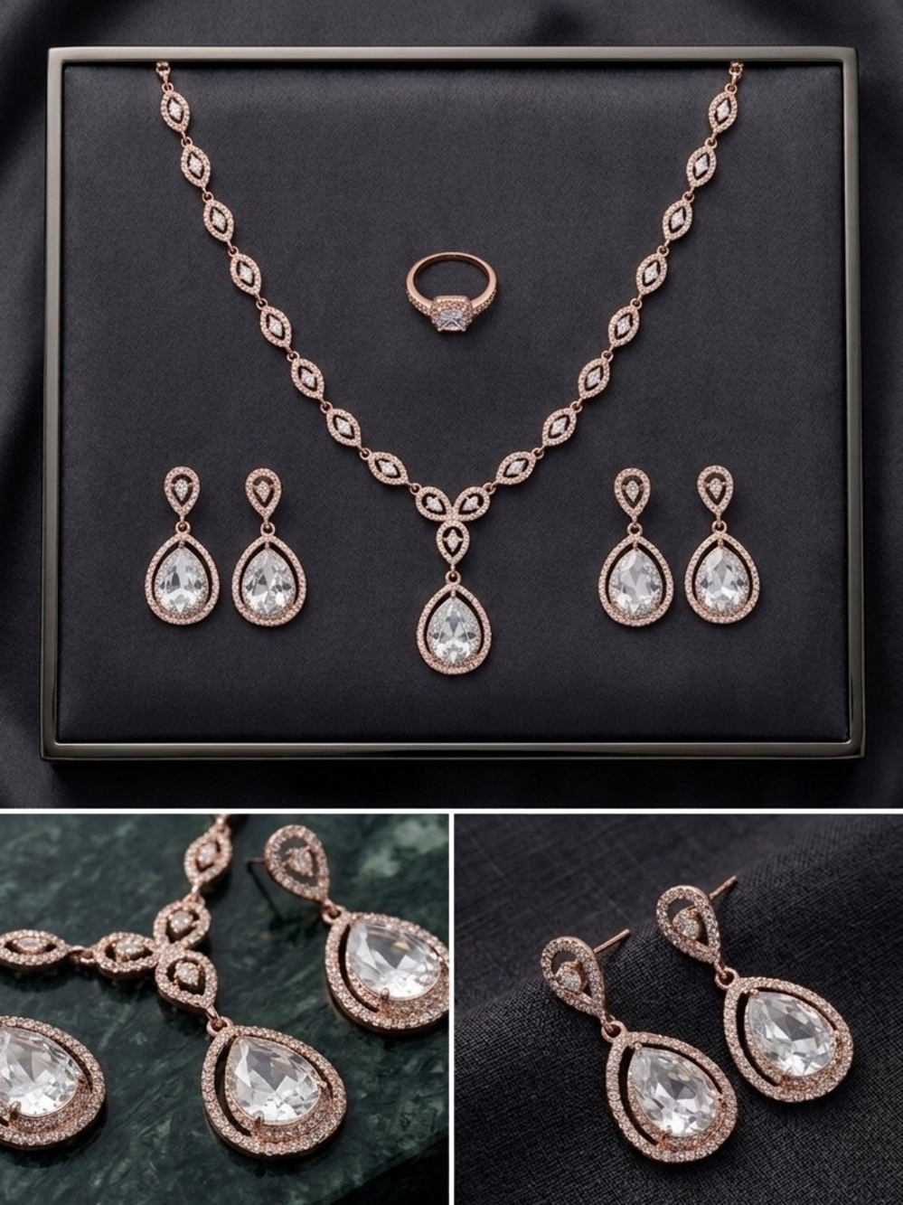 Rose Gold Tone Teardrop Halo Bridal & Formal Costume Jewelry 5-Piece Set